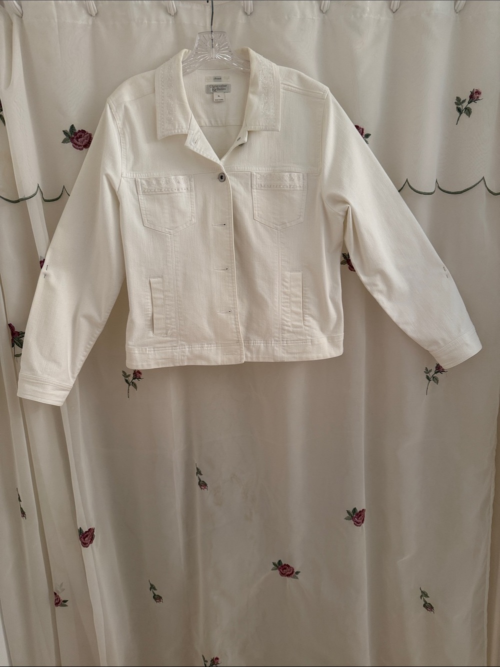 Christopher&Banks Denim-Style Jacket with Subtle Beaded Trim on Collar & Cuffs